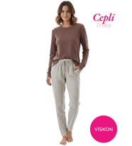 Guava Kadın Viskon Mevsimlik Uzun Kol Cepli Pijama Takımı-Üstü İnce Triko Alt Pijama Dar Kesim Jakar Kumaş (Kahverengi)