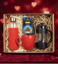 Kırmızı Matara & Kırmızı Kupa Bardak & Aromalı Çay & French Press Hediye Seti