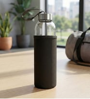 Hediyelik Özel Kılıflı 500mL. Cam Matara (Siyah)