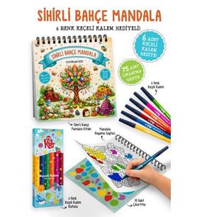 Sihirli Bahçe Mandala - 6 Renk Keçeli Kalem ve 75 Adet Çıkartma Hediyeli 3+