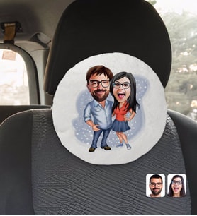 BK Gift Kişiye Özel Sevgililer Karikatürlü Yuvarlak Araç Koltuk Yastığı-105
