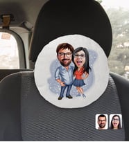 BK Gift Kişiye Özel Sevgililer Karikatürlü Yuvarlak Araç Koltuk Yastığı-105