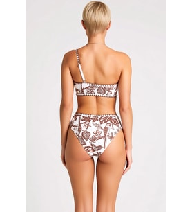 Kadın Bikini Takımı Tek Omuz Üst Kaplı Yüksek Bel Alt Tropikal Desenli Nakış Detaylı Örme Dalgıç