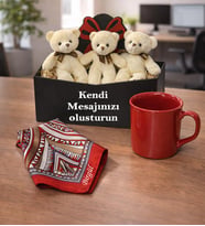 Ahşap Kutuda Ayıcık Buketi Fular Kupa Hediye seti (Kırmızı)