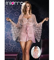 Balenli Desteksiz Şifon Babydoll Sabahlık Takım (Pembe)