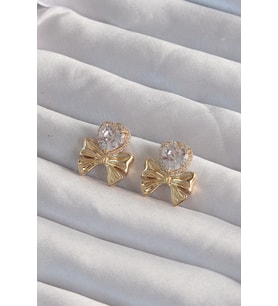 Pirinç Gold Renk Zirkon Taşlı Kalp Model Fiyonk Küpe TJ-BKP9311
