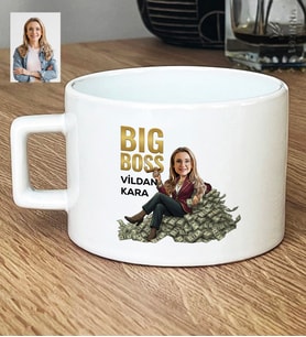 Kişiye Özel Karikatürlü Big Boss Kadın Patrona Hediye Lüks Fincan Doğum Günü Hediyesi