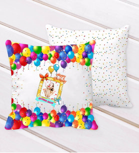 BK Gift Kişiye Özel Fotoğraflı Doğum Günü Tasarımlı Balon Desenli Dekoratif Kırlent Yastık-12 (Beyaz)