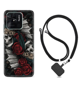 Xiaomi Poco X3 Pro M4 Pro X4 Pro C40 10C Kılıf Boyun Askılı Silikon Skull Rose 1673