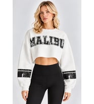 Malibu Baskılı Rahat Kesim Bisiklet Yaka Crop Sweatshirt - Beyaz