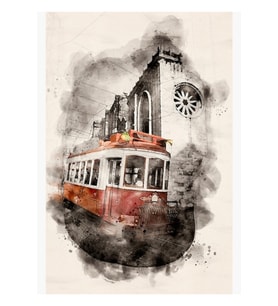 Suluboya Kırmızı Tramvay Lizbon Tablo Ahşap Poster Dekoratif