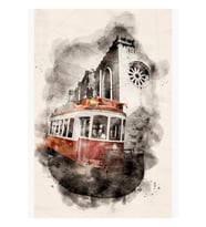 Suluboya Kırmızı Tramvay Lizbon Tablo Ahşap Poster Dekoratif