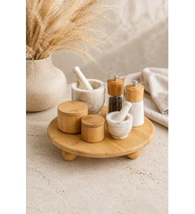 Atbyhome 3 Top Ayaklı Doğal Bambu Sunum Standı 26.5x5 cm - Yuvarlak Mutfak Tezgah Üstü Düzenleyici Tepsi