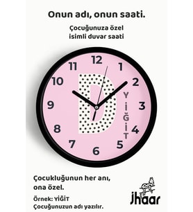 İsme Özel D Harfli Pembe Çocuk Odası Duvar Saati Orta Boy 30 cm Siyah Camlı Sessiz
