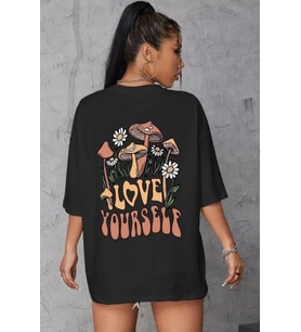 Unisex Baskılı Oversize T-Shirt - Siyah