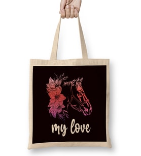 Horses My Love Horse Fan Stable Horseshoe Saddle Dressage Bez Çanta Uzun Saplı