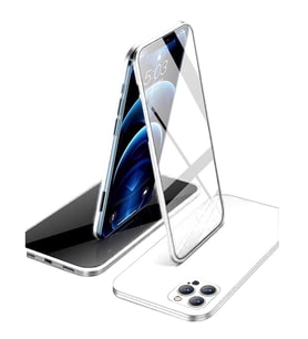 Apple iPhone 12 Pro Uyumlu 360 Derece Tam Kaplayan Cam Kapak Kılıf (Beyaz)