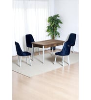 Monera Ceviz 80 x 132 Açılabilen MDF Masa Metal Ayaklı Mutfak Masası Takımı 4 Lacivert Sandalye