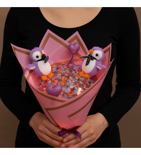 Ledli 24 Adet Kelebek Buketi Lila Renkli Penguen Peluşlu