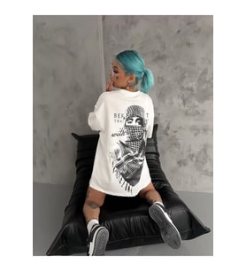 Unisex Baskılı Oversize T-Shirt - Beyaz