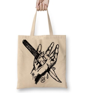 Knife İn The Hand Bez Çanta Uzun Saplı