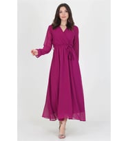 Neşeli Butik Kadın Yeni Sezon Astarlı Kruvaze Yaka Uzun Şifon Elbise NB003 (Mürdüm)