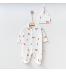 BabyŞen Yaprak Desenli Kız & Erkek Bebek Zıbın, Tulum, Body %100 Organik Pamuk 0/3 - 3/6 Ay (Beyaz)