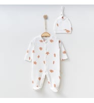 BabyŞen Yaprak Desenli Kız & Erkek Bebek Zıbın, Tulum, Body %100 Organik Pamuk 0/3 - 3/6 Ay (Beyaz)