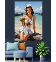 Sahilde Pin-up Kadın Tatil Dekoratif Kanvas - Mdf Ahşap Tablo