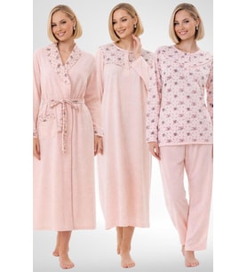 Mecit 6320 Pudra Büyük Beden Kadın Sabahlık Pijama Gecelik Set