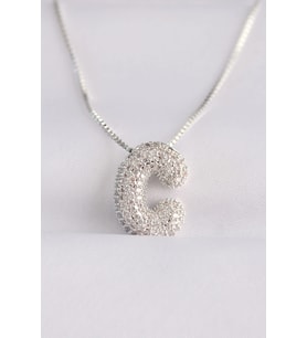 316L Çelik Zincirli Zirkon Taşlı C Harfli Silver Renk Bubble Kolye 5886