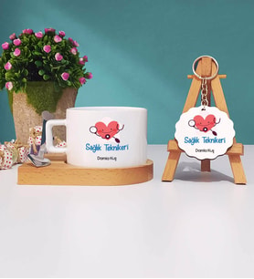Sağlık Teknikeri Ahşap Altlıklı Fincan ve Anahtarlık Hediye Seti