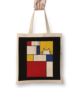 Piet Mondrian Inspired Cat Kedi Bez Çanta Uzun Saplı