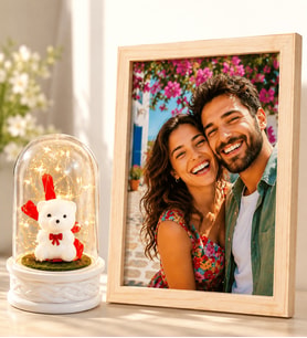 Kişiye Özel Fotoğraflı Ahşap Çerçeve ve LED Işıklı Beyaz Ayıcıklı Fanus Sevgiliye Hediye