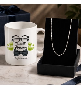 BK Gift Kişiye Özel Babalar Günü Tasarımlı Beyaz Kupa & Yaprak Model Zincir Kolye -2, Babalar Günü Hediyesi