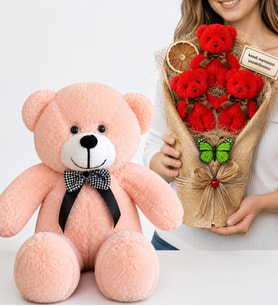 Kişiye Özel Yazılı Kırmızı Büyük Boy Peluş Ayıcık Buketi ve 50 cm Pembe Peluş Ayıcık Hediye Seti