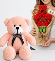 Kişiye Özel Yazılı Kırmızı Büyük Boy Peluş Ayıcık Buketi ve 50 cm Pembe Peluş Ayıcık Hediye Seti