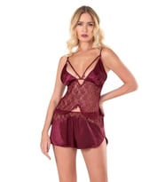Bordo Saten Babydoll Şort Takımı