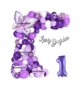 LÜKS MOR KELEBEK FOLYOLU GÜMÜŞ RAKAM YAŞ BALON ZİNCİR SET