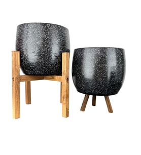 Bitki Tasarımı Siyah Granit Toprak Saksı Saksılık Salon Çiçeklik İkili Set 3 Ayaklı- 4 Ayaklı- 19 CM