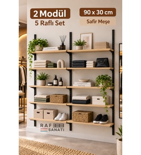 2 Modül 90x30 cm 10 Raflı Geniş Mağaza Duvar Rafı Konik Dikme Sistem Safir Meşe Suntalam