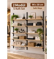 2 Modül 90x30 cm 10 Raflı Geniş Mağaza Duvar Rafı Konik Dikme Sistem Safir Meşe Suntalam