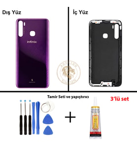 Infinix S5 Mor Uyumlu Arka Kapak + Yapıştırıcı ve Vida Seti Arka Cam Batarya Pil Kapağı Lazer Kesim