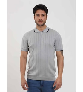 Gri Erkek Slim Fit Fitilli Fermuarlı Polo Yaka Triko
