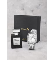 Polo Air Takvimli Dikdörtgen Kasa Hasır Metal Kordon Erkek Kol Saati Ve 55 ml Parfüm Gümüş Renk ST-5022E4