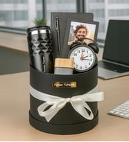 Kişiye Özel Fotoğraflı,Çerçeve,Defter,Kalem,Masa Saati,Bluetooth Hoparlör Ve Termos Premium Silindir Kutu Hediye Seti - [Kopya Taslak] (STD)