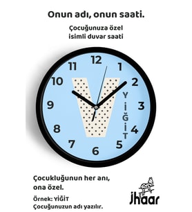 İsme Özel V Harfi Çocuk Odası Duvar Saati Orta Boy 30 cm Siyah Camlı Sessiz