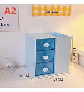 Masaüstü Kalemlik Organizer 7 Bölmeli Kawaii Kapaklı Mini Çekmeceli Kalemlik - Mavi