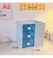 Masaüstü Kalemlik Organizer 7 Bölmeli Kawaii Kapaklı Mini Çekmeceli Kalemlik - Mavi