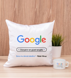 Kişiye Özel Google Tasarım Esprili Kare Yastık ve Fincan
